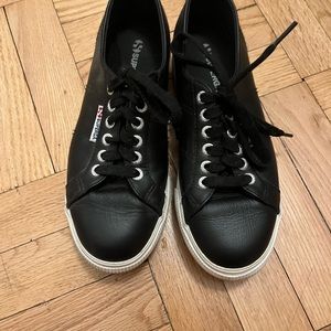 Black Leather Platform Supergas. Size 8